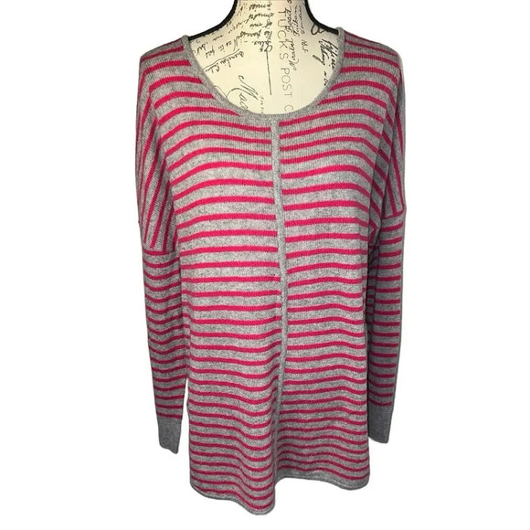 Sejour 2X, pink gray stripe cashmere wool blend Long sleeve rounded high low hem - Picture 1 of 8